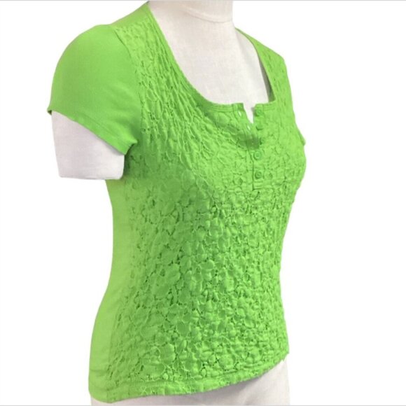 Jones New York Lace Front Button Short Sleeve Henley Top S Green #79B - Picture 2 of 7